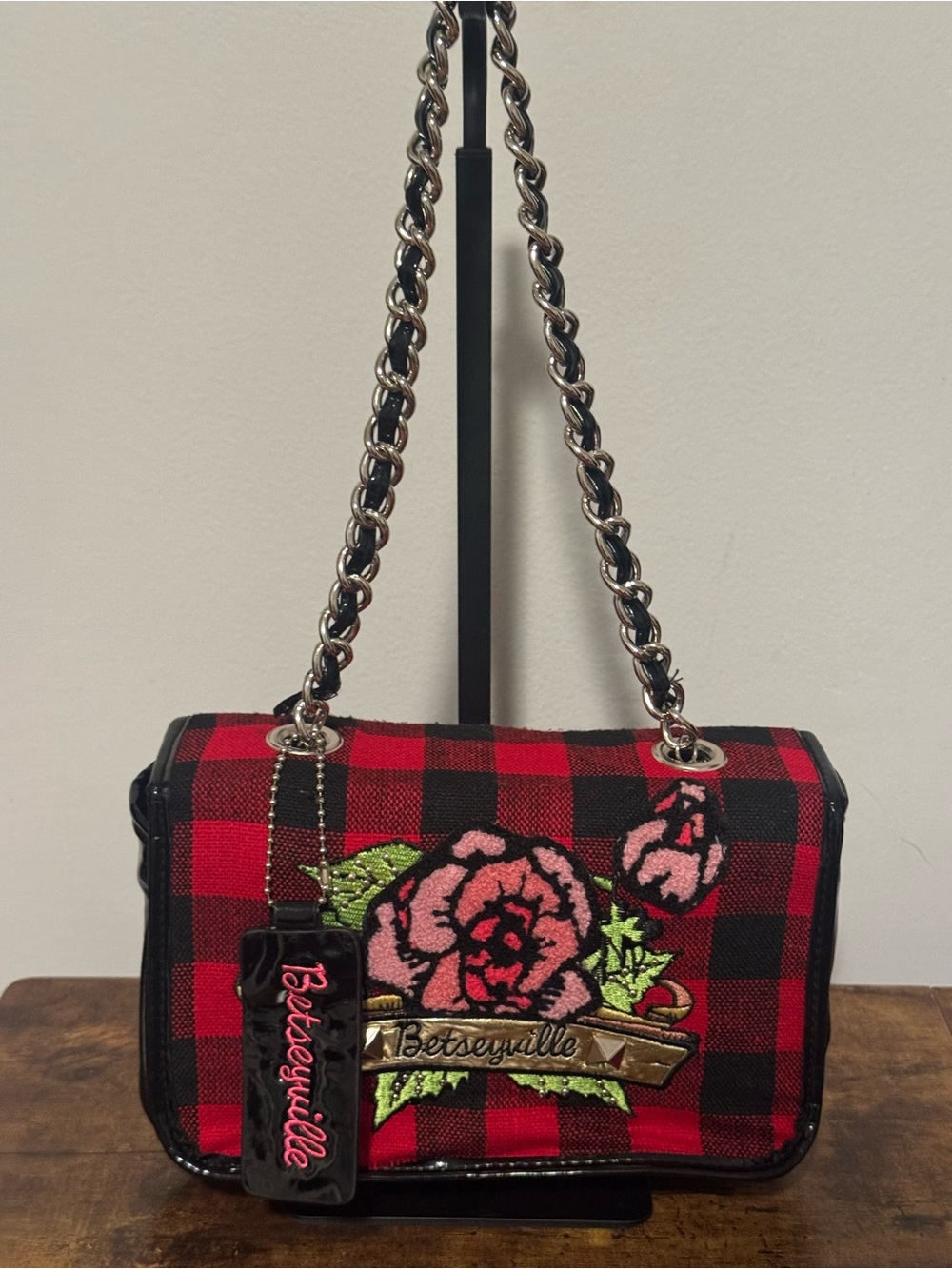 Betsey Johnson Red and Black Plaid Shoulder Bag with Pink Floral Appliqué